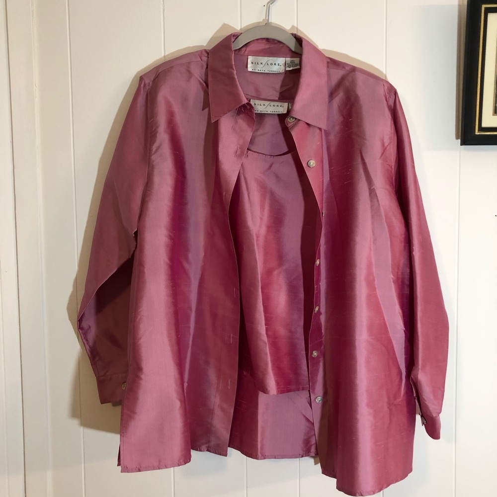 Silk Lore By Beth Terrell 100% Silk Pink Two Piece Blouse Large